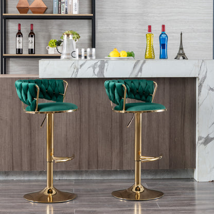 Set of 2  Bar Stools,with Chrome Footrest and Base Swivel Height Adjustable Mechanical Lifting Velvet + Golden Leg Simple Bar Stool-Green