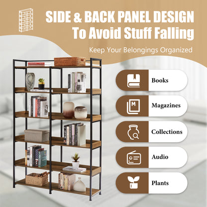 70.8 Inch Tall Bookshelf MDF Boards Stainless Steel Frame, 6-tier Shelves with Back&Side Panel, Adjustable Foot Pads, Brown