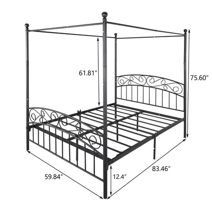 Metal Canopy Bed Frame with Ornate European Style Headboard & Footboard Sturdy Steel Holds 600lbs Perfectly Fits Your Mattress Easy DIY Assembly All Parts Included, Queen Black（same as W84034157）