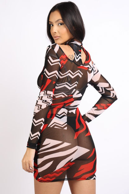 Cutout detailed printed mesh dress