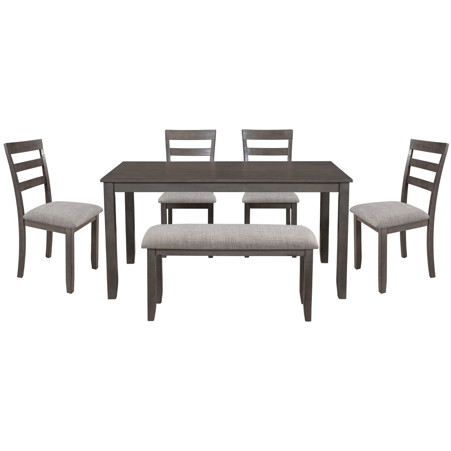 TREXM 6-Piece Kitchen Simple Wooden Dining Table and Chair with Bench, Fabric Cushion (Gray)