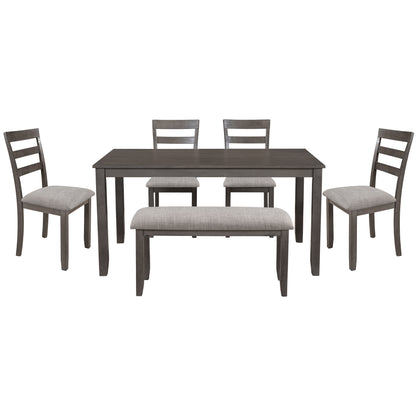 TREXM 6-Piece Kitchen Simple Wooden Dining Table and Chair with Bench, Fabric Cushion (Gray)