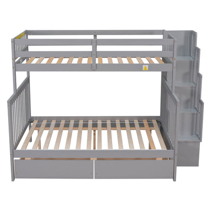 Twin Over Full Bunk Bed with 2 Drawers and Staircases, Convertible into 2 Beds, the Bunk Bed with Staircase and Safety Rails for Kids, Teens, Adults, Grey