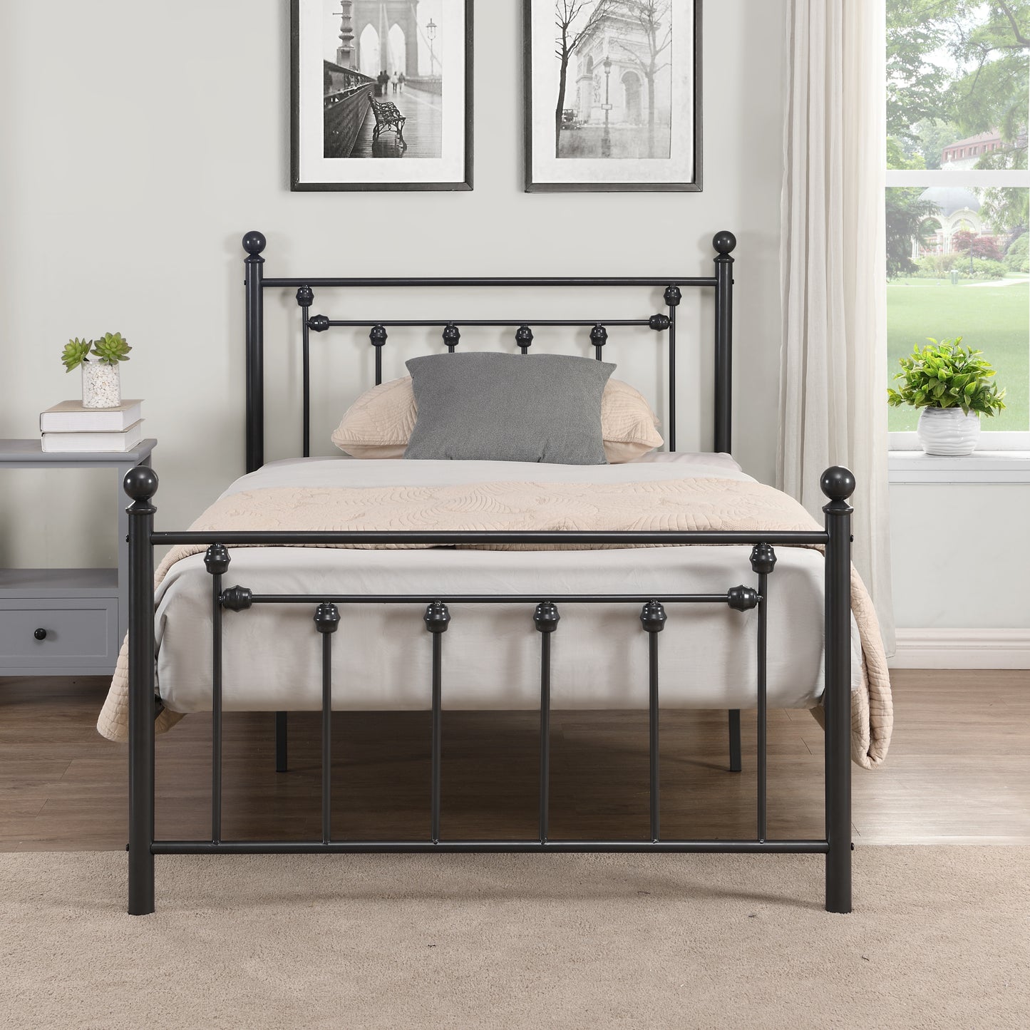 Twin  Size Metal Bed Frame with Headboard and Footboard (black )