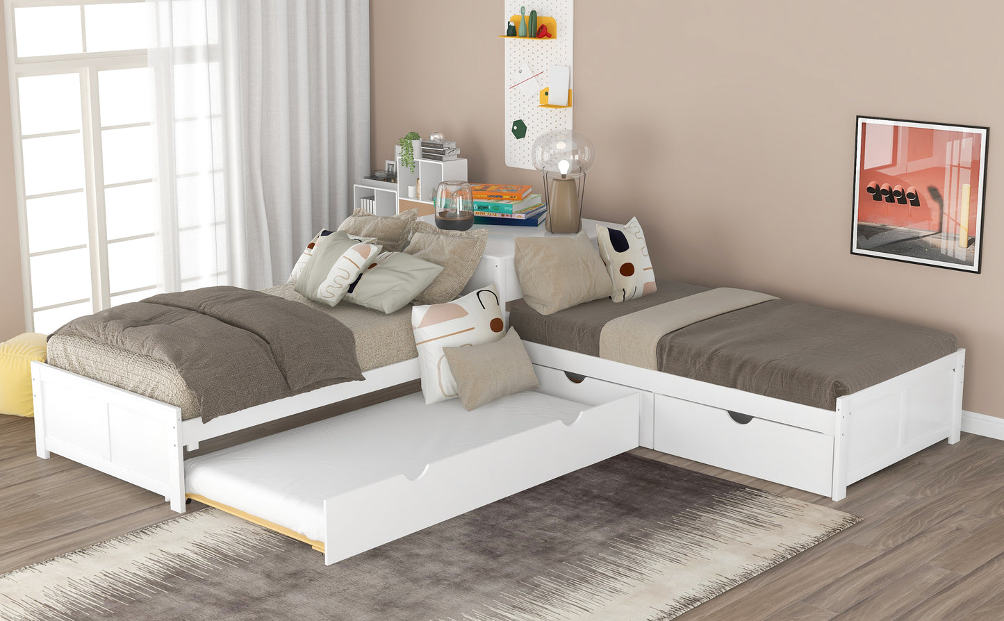L-shaped Platform Bed with Trundle and Drawers Linked with built-in Desk,Twin,White