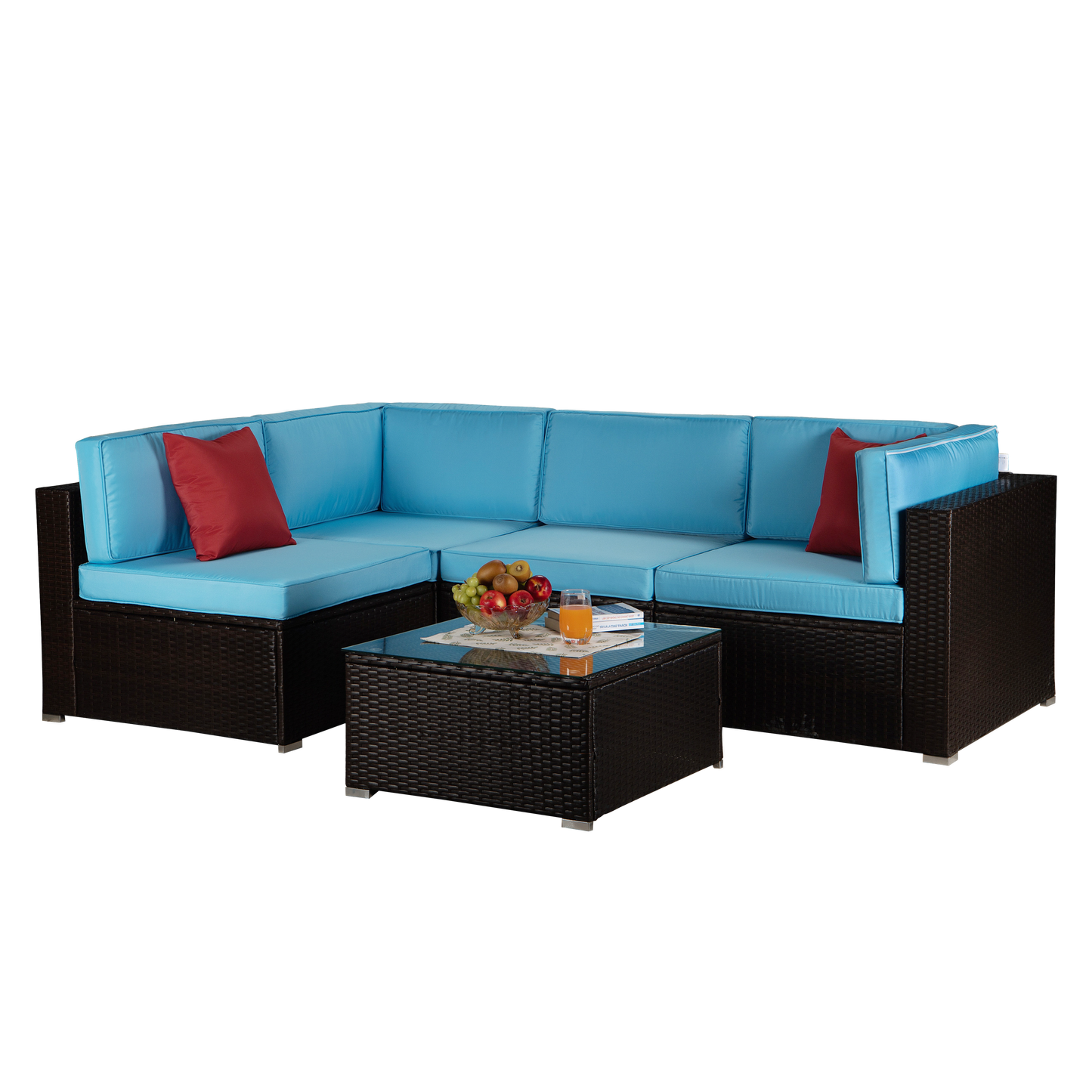 Outdoor Garden Patio Furniture 5-Piece Brown PE Rattan Wicker Sectional Blue Cushioned Sofa Sets with 2 Red Pillows