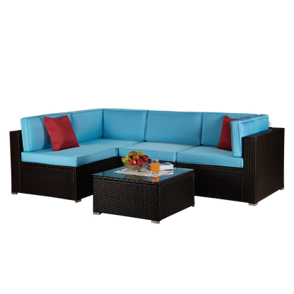 Outdoor Garden Patio Furniture 5-Piece Brown PE Rattan Wicker Sectional Blue Cushioned Sofa Sets with 2 Red Pillows