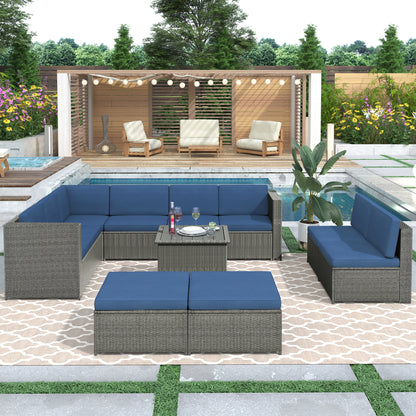 U_Style 9 Piece Rattan Sectional Seating Group with Cushions and Ottoman, Patio Furniture Sets, Outdoor Wicker Sectional, Grey Ratten+Blue Cushions