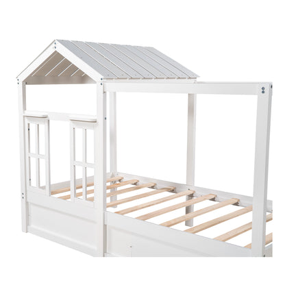 Twin Size House Bed with Roof, Window and Drawer - White