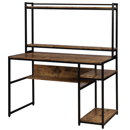 Home Office Computer Desk with 2-Tier Bookshelf and Open Storage Shelf/Equipped with Removable Monitor Riser(Brown)