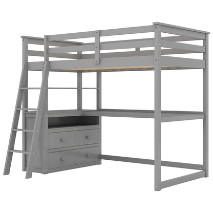 Twin Size Loft Bed with Desk and Shelves,Two Built-in Drawers,Gray(OLD SKU:GX000803AAE)