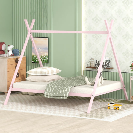 House Bed Tent Bed Frame Full Size Metal Floor Play House Bed with Slat for Kids Girls Boys , No Box Spring Needed Pink