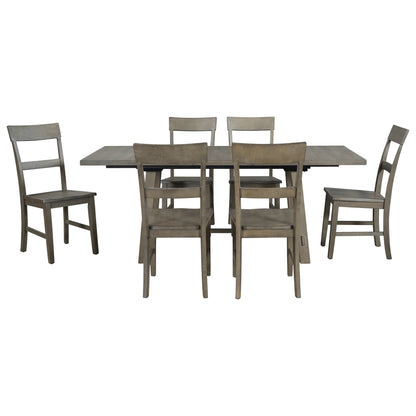 TREXM Retro Industrial Style 7-Piece Dining Table Set Extendable Table with 18” Leaf and Six Wood Chairs 
(Gray)