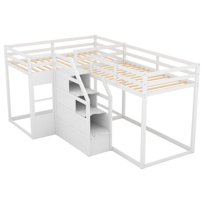 Twin over Twin L-Shaped Bunk Bed with Built-in Middle Staircase,White