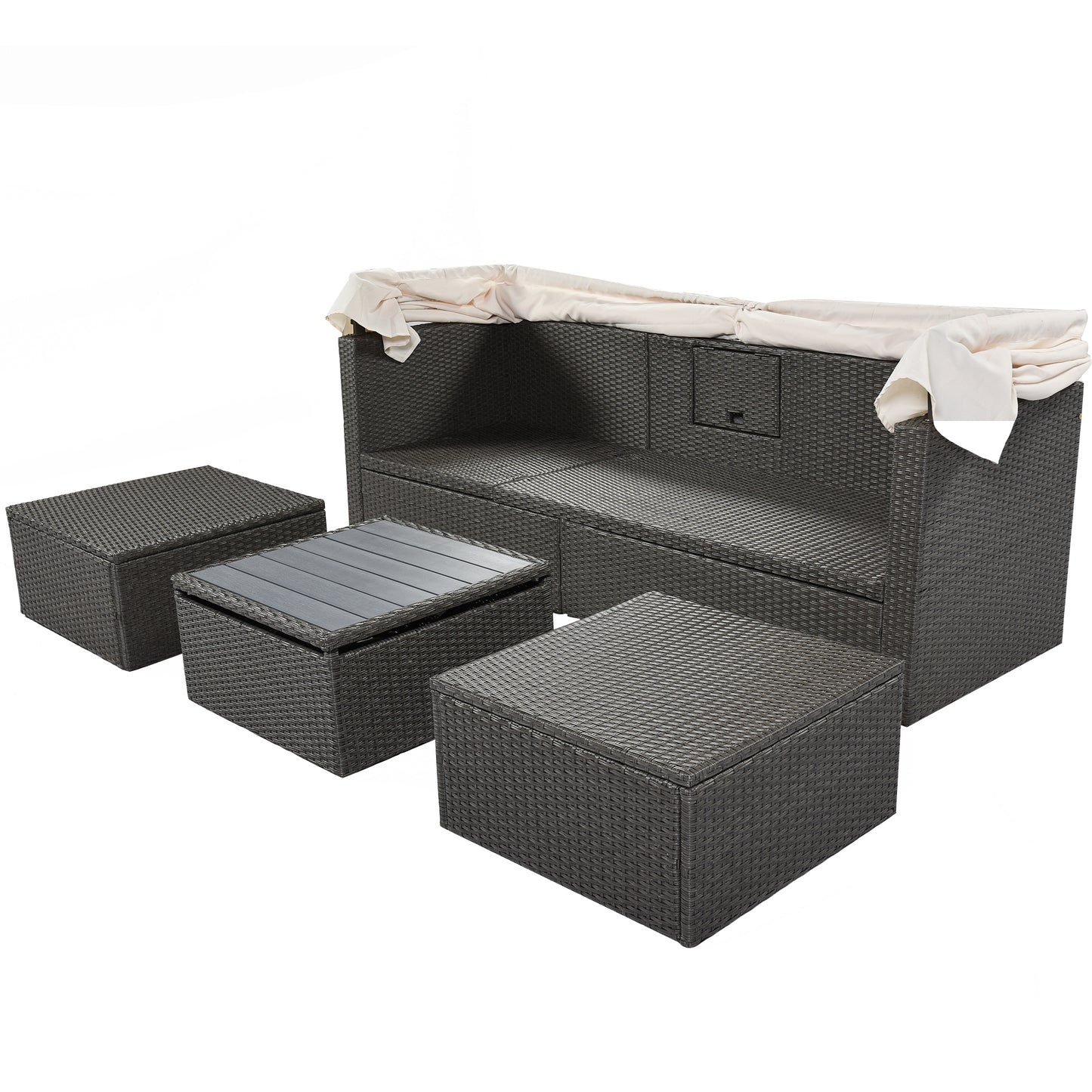 U_Style Outdoor Patio Rectangle Daybed with Retractable Canopy,  Wicker Furniture Sectional Seating with Washable Cushions, Backyard, Porch
