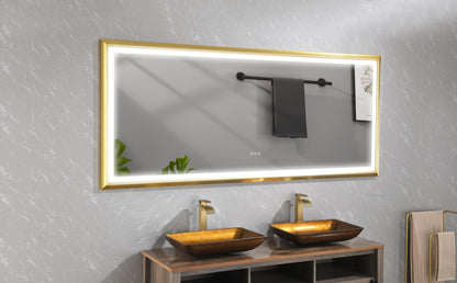 84 in. W x 36 in. H Oversized Rectangular Gold Framed LED Mirror Anti-Fog Dimmable Wall Mount Bathroom Vanity Mirror  HD Wall Mirror Kit For Gym And Dance Studio 36X 84Inches With