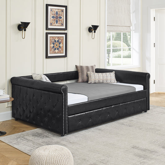 Daybed with Trundle Upholstered Tufted Sofa Bed, with Button and Copper Nail on Arms，Full Daybed & Twin Trundle, PU Black（85.5“x57”x30.5“）