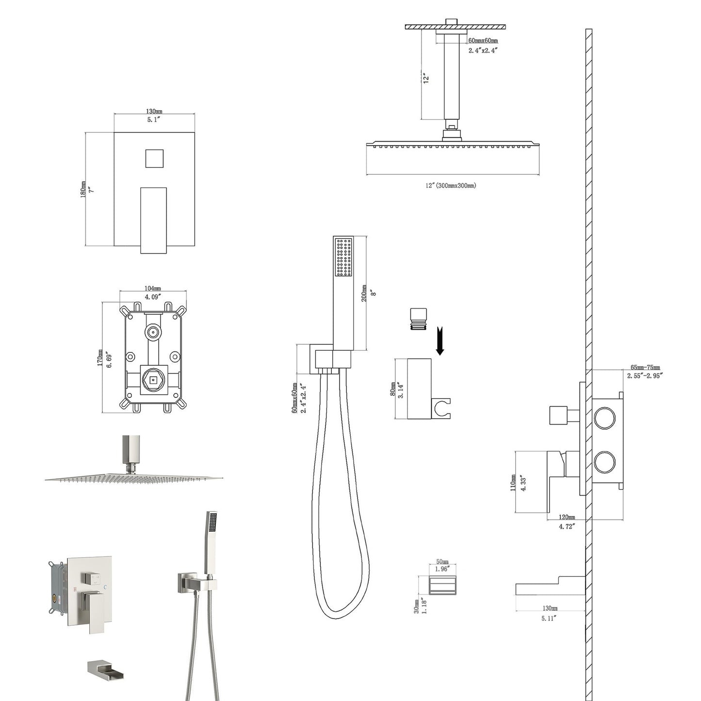 12" Rain Shower Head Systems with Waterfall Tub Spout ,Brushed Nickel,Ceiling Mounted shower