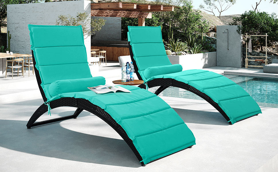 GO Patio Wicker Sun Lounger, PE Rattan Foldable Chaise Lounger with Removable Cushion and Bolster Pillow, Black Wicker and Turquoise Cushion (2 sets)