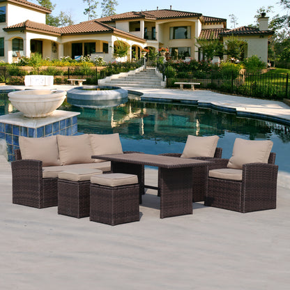 6-Piece Outdoor PE Rattan Sofa Set Patio Garden Wicker Dining and Coffee Sofa-Dark Brown