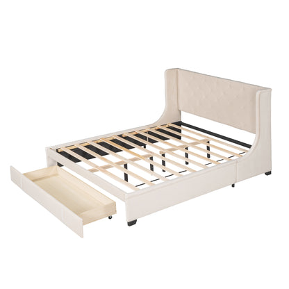 Queen Size Storage Bed Velvet Upholstered Platform Bed with Wingback Headboard and a Big Drawer (Beige)