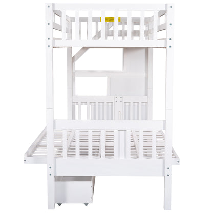 Twin over Full Bunk Bed with Two Drawers and Staircase, Down Bed can be Converted into Daybed,White