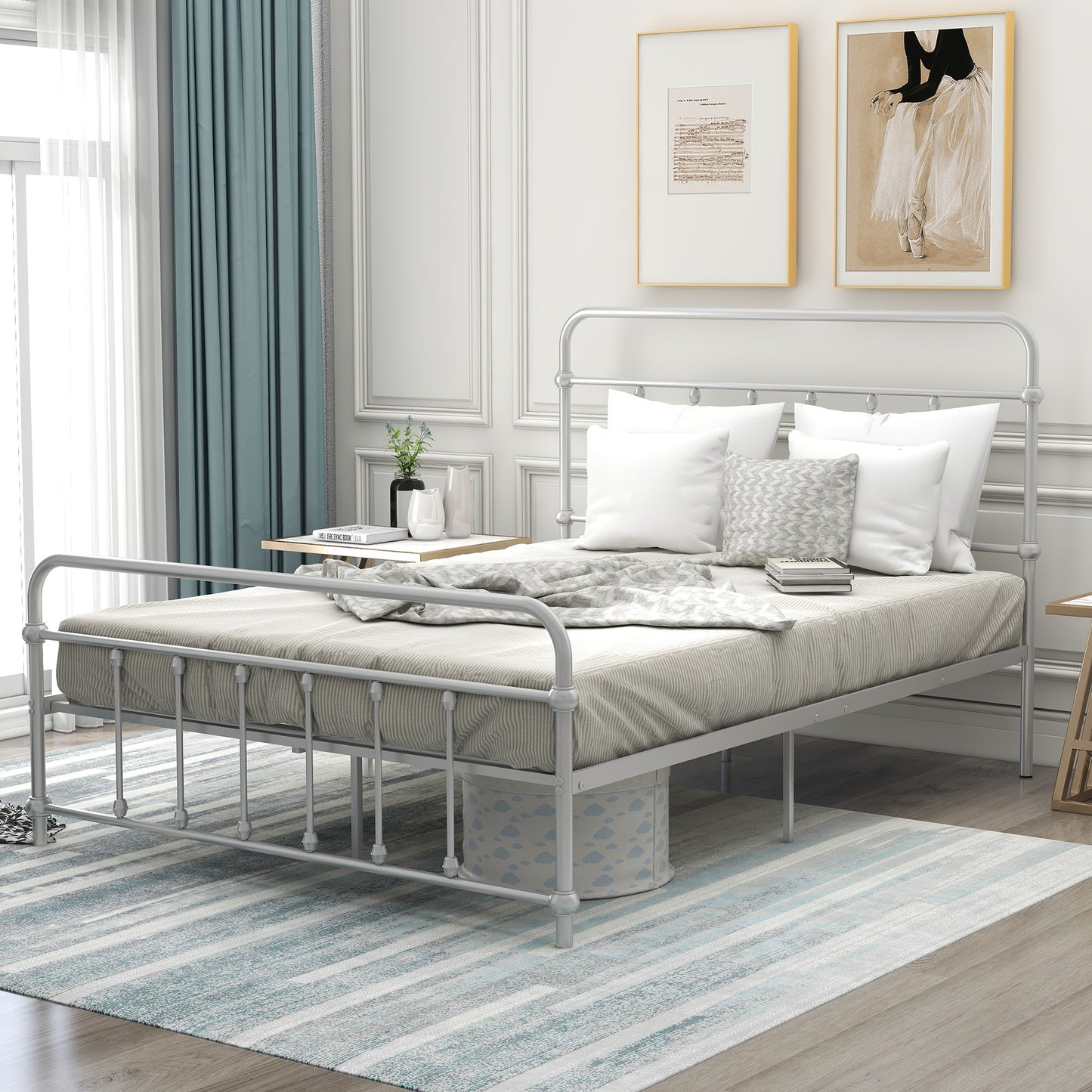 Full Size Metal Platform Bed with Headboard and Footboard, Iron Bed Frame for Bedroom, No Box Spring Needed ，Silver