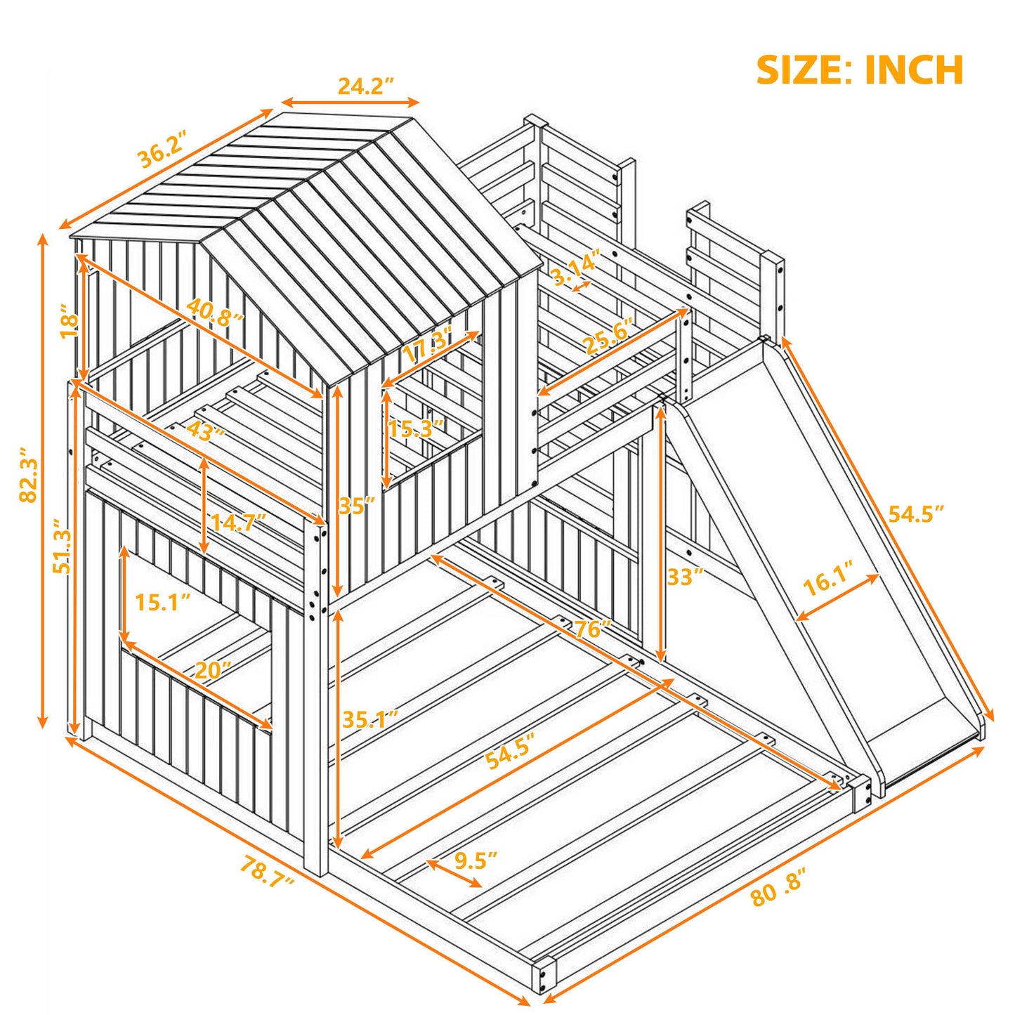 Wooden Twin Over Full Bunk Bed, Loft Bed with Playhouse, Farmhouse, Ladder, Slide and Guardrails . Gray(OLD SKU :LP000028AAN)