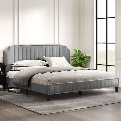 Modern Linen Curved Upholstered Platform Bed , Solid Wood Frame , Nailhead Trim (King)