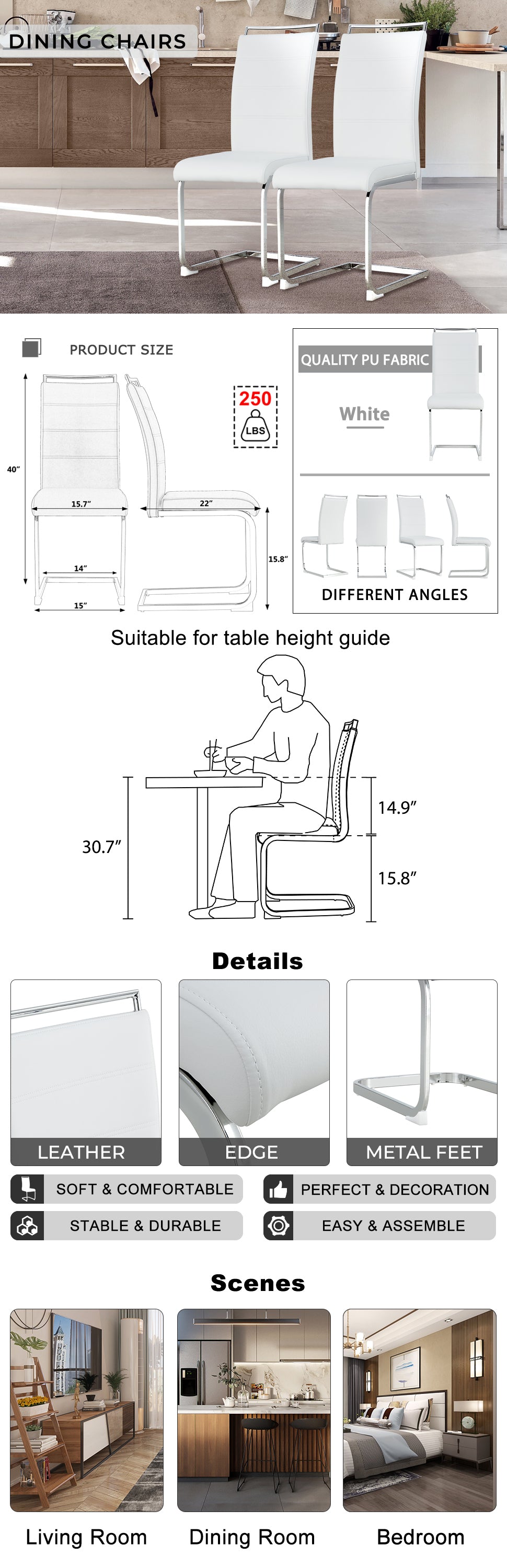 Modern Dining Chairs, PU Faux Leather High Back Upholstered Side Chair transverse stripe backrest design for Dining Room Kitchen Vanity Patio Club Guest Office Chair (Set of 2) ( White+PU)