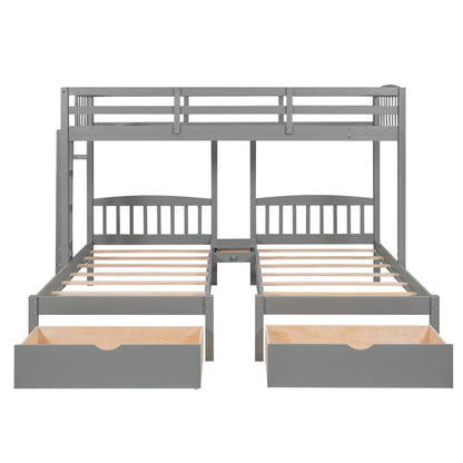 Twin over Twin & Twin Bunk Bed with Two Drawers and Built-in Middle Drawer, Gray