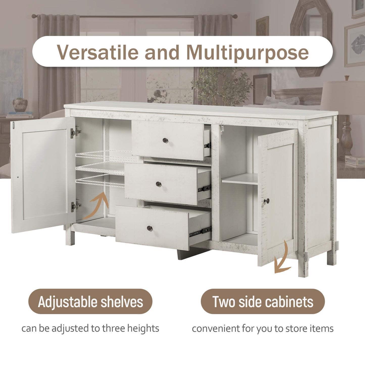 TREXM Retro Solid Wood Buffet Cabinet with 2 Storage Cabinets, Adjustable Shelves and 3 Drawers for Living Room (Antique White)