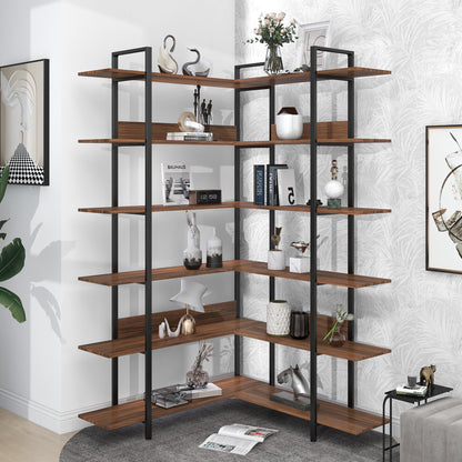 74.8 Inch Bookshelf L-shape MDF Boards Stainless Steel Frame Corner 6-tier Shelves Adjustable Foot Pads, Brown