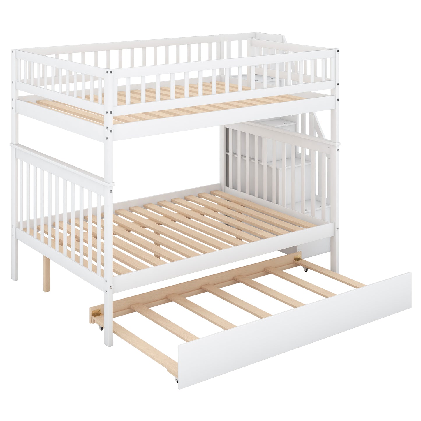 Full over Full Bunk Bed with Trundle and Staircase,White