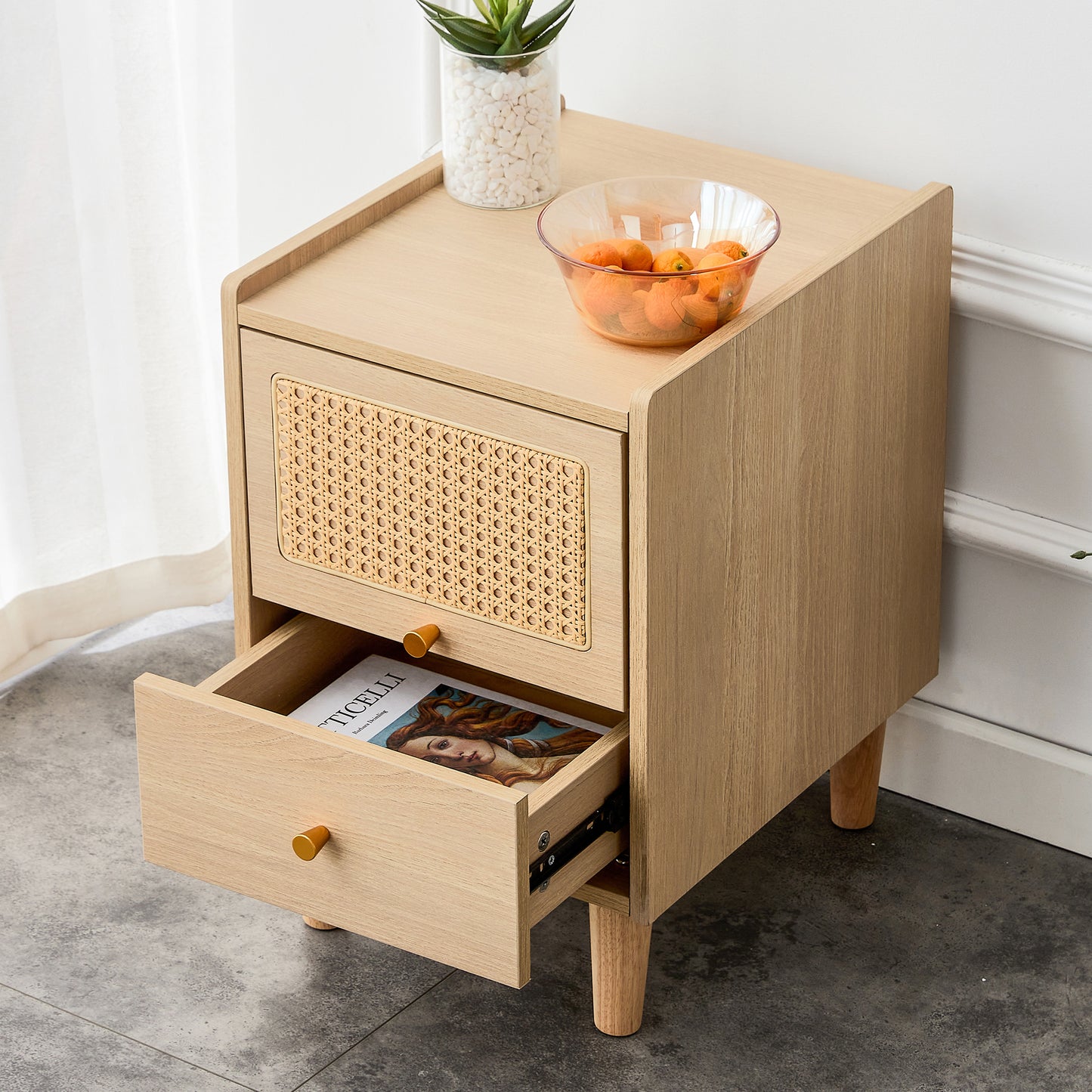 Modern simple storage cabinet MDF Board bedside cabinet Japanese rattan bedside cabinet Small household furniture bedside table.Applicable to dressing table in bedroom, porch, living room.2 Drawers