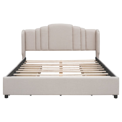 Upholstered Platform Bed with Wingback Headboard and 4 Drawers, No Box Spring Needed, Linen Fabric, Queen Size Beige