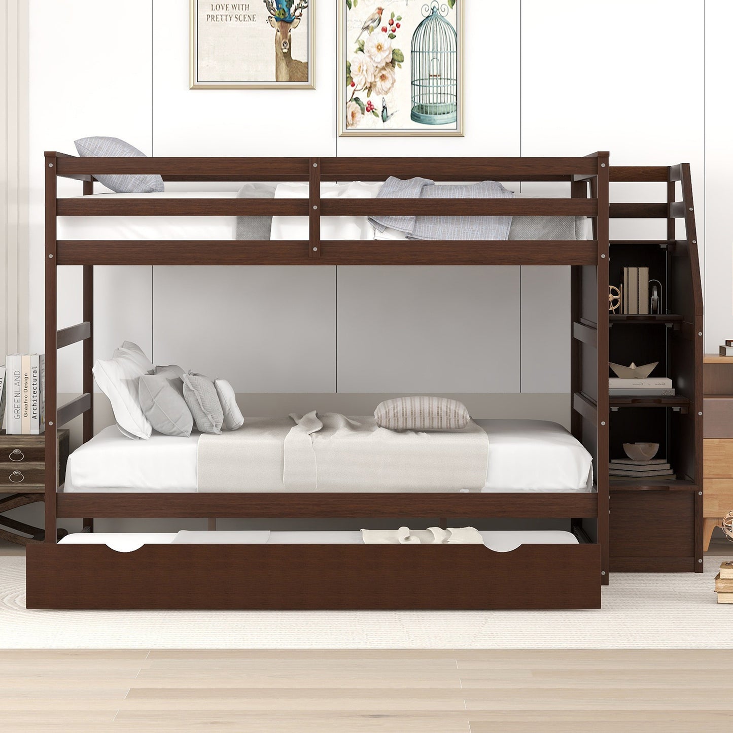 Full-over-Full Bunk Bed with Twin Size Trundle and 3 Storage Stairs,Espresso