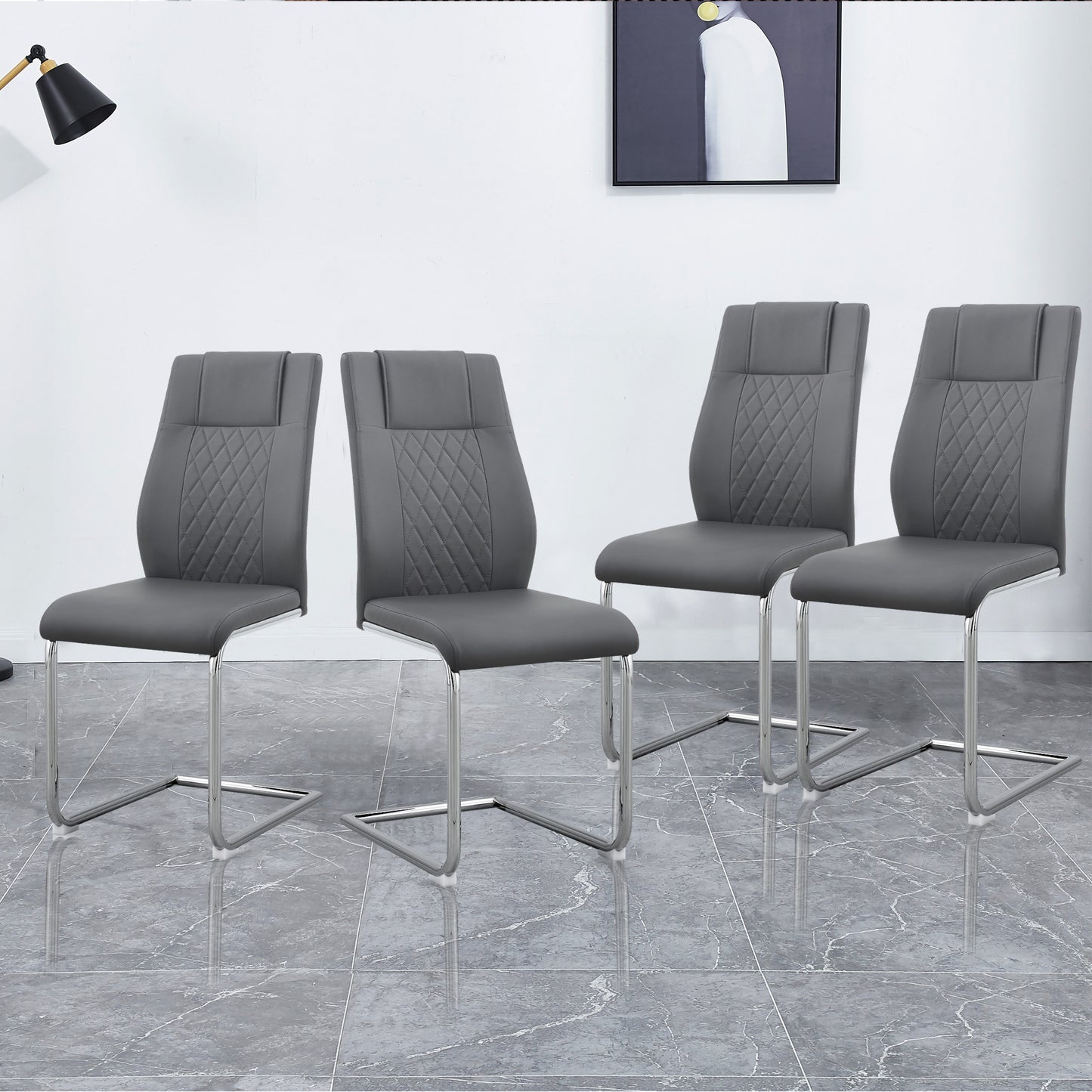 Modern Dining Chairs with Faux Leather Padded Seat Dining Living Room Chairs Upholstered Chair with Metal Legs Design for Kitchen, Living, Bedroom, Dining Room Side Chairs Set of 4 (Grey+PU Leather)