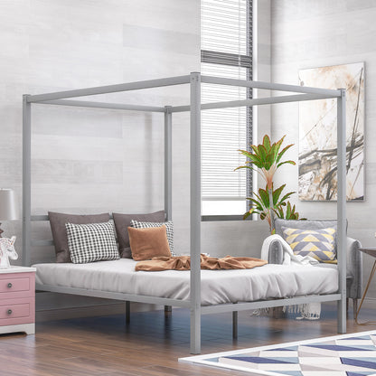 Metal Framed Canopy Platform Bed with Built-in Headboard,No Box Spring Needed, Classic Design, Queen , Sliver