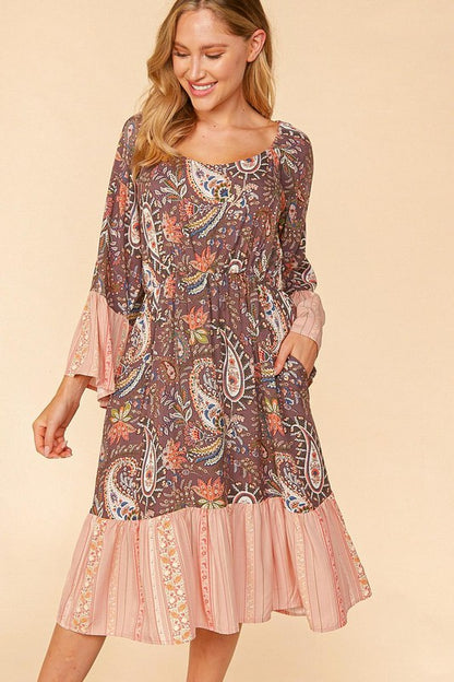 ETHNIC PAISLEY COLOR BLOCK BELL SLEEVE DRESS