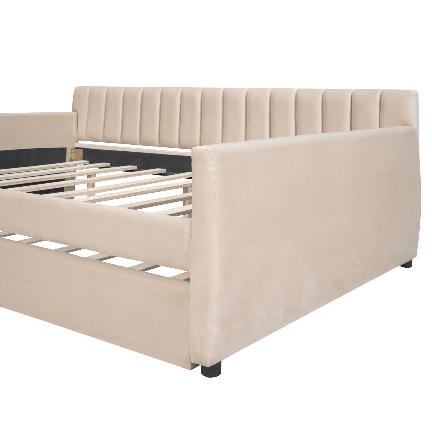 Full Size Upholstered daybed with Trundle and Wood Slat Support, Beige