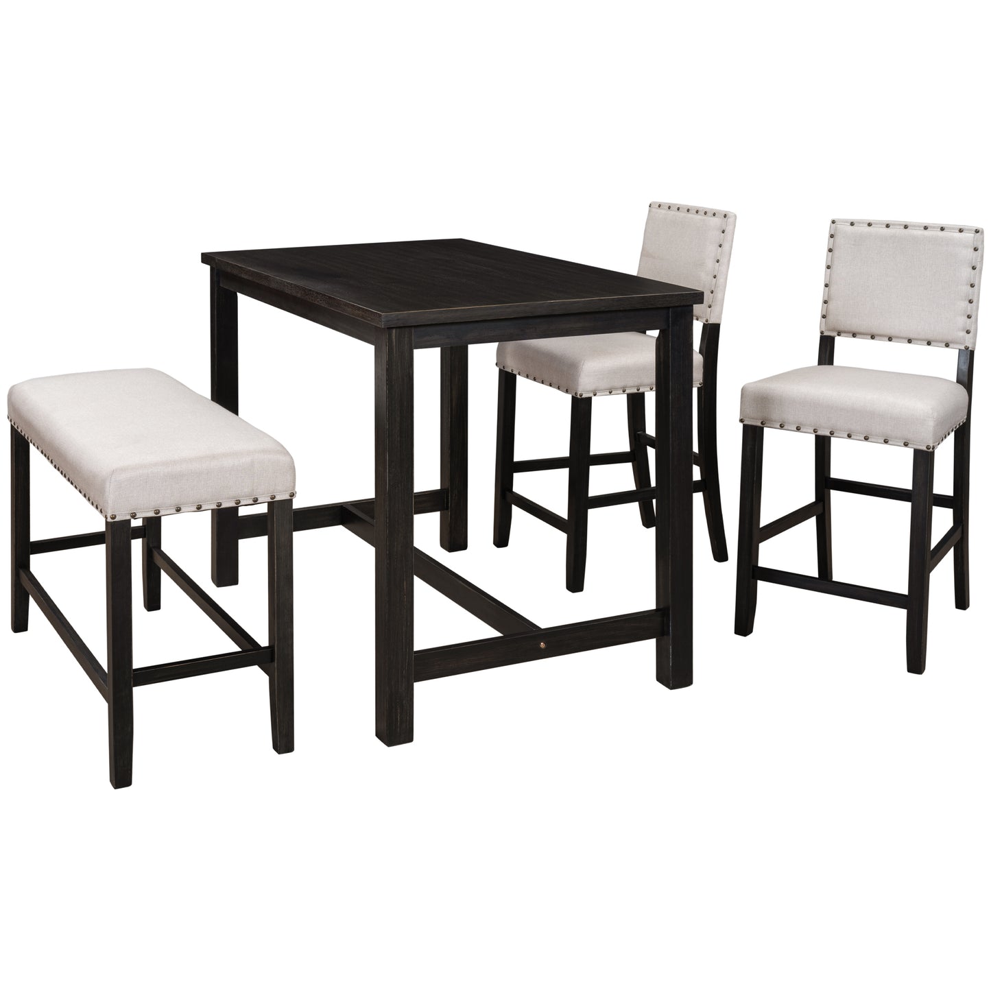 TOPMAX 4 Piece Rustic Wooden Counter Height Dining Table Set with Upholstered Bench for Small Places, Espresso+ Beige