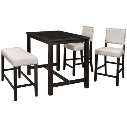 TOPMAX 4 Piece Rustic Wooden Counter Height Dining Table Set with Upholstered Bench for Small Places, Espresso+ Beige