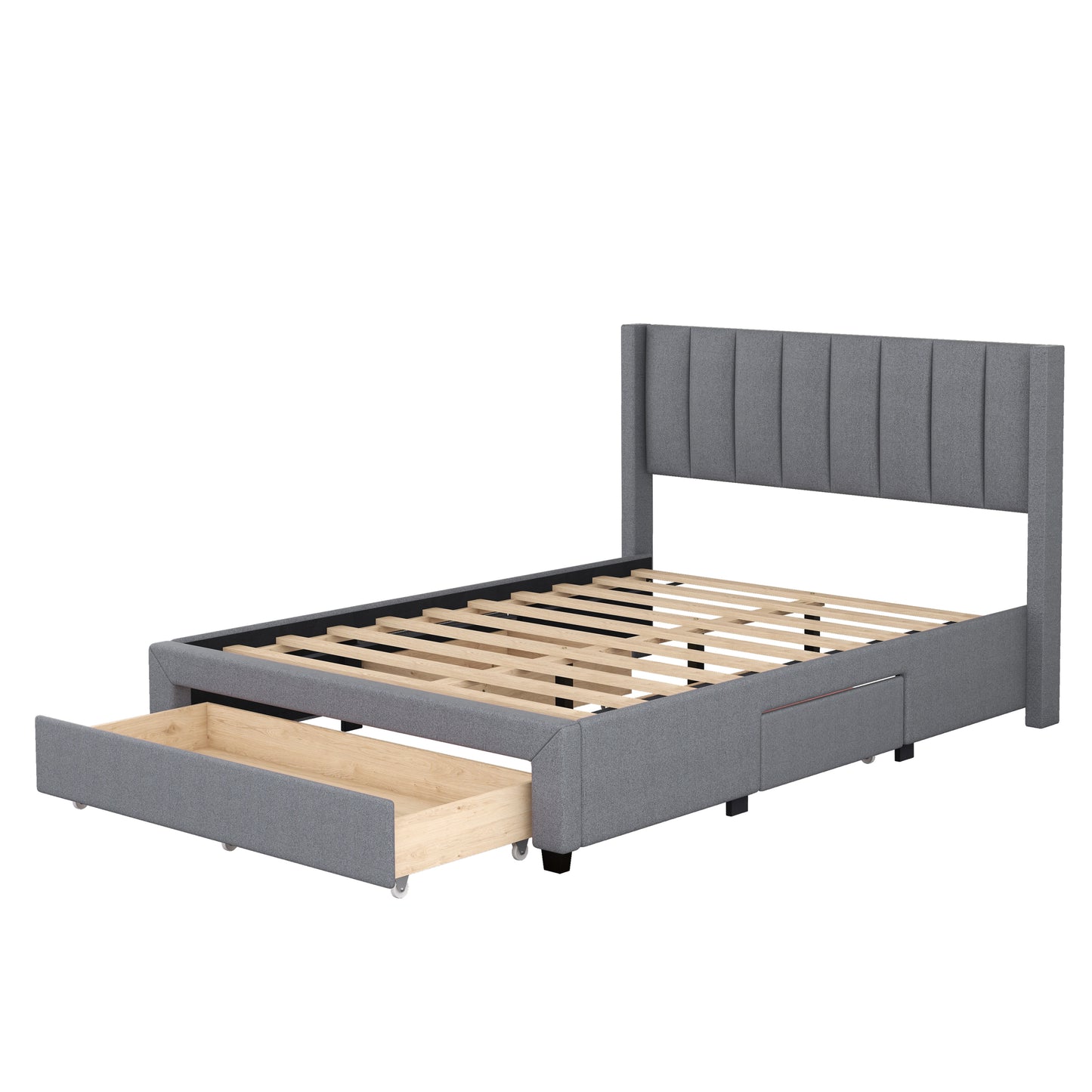 Full Size Upholstered Platform Bed with One Large Drawer in the Footboard and Drawer on Each Side,Gray