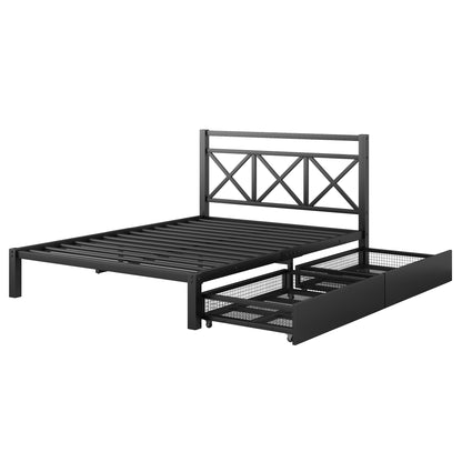 Metal Platform Bed with 2 Drawers, Full (Black)