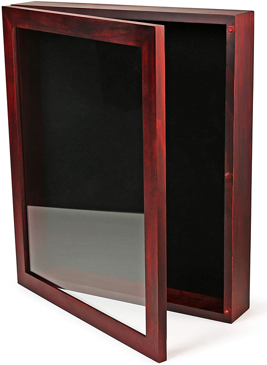 Shadow Box Display Case | Magnetically Opens and Closes like a Door - Real Wood, Strong Glass, Linen Background | Cherry Red by The Military Gift Store