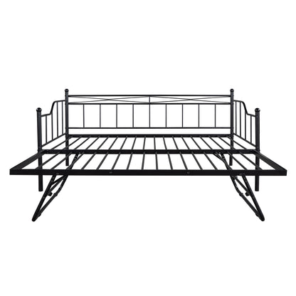 Full Size Metal Daybed with Twin Size Adjustable Trundle, Portable Folding Trundle, Black