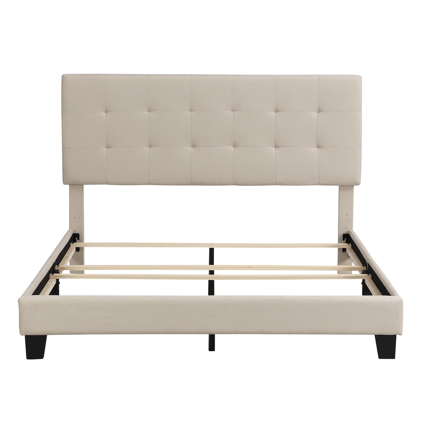 Upholstered Platform Bed with Tufted Headboard, Box Spring Needed, Beige Linen Fabric, Queen Size