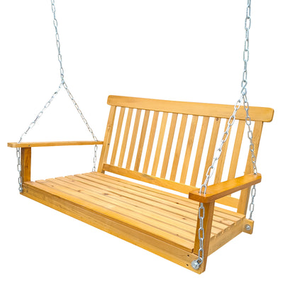 Front Porch Swing with Armrests, Wood Bench Swing with Hanging Chains,for Outdoor Patio ,Garden Yard, porch, backyard,  or sunroom,Easy to Assemble,teak