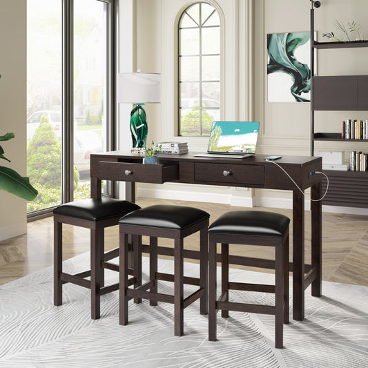 TOPMAX 4-Piece Counter Height Table Set with Socket and Leather Padded Stools, Espresso